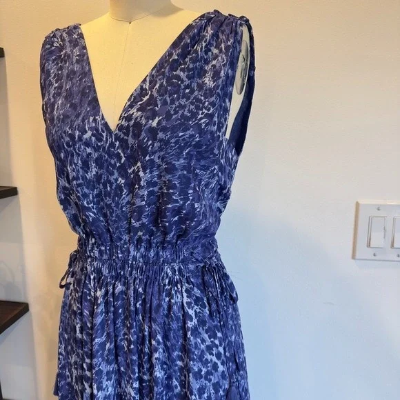 Ramy Brook Kelsie Blue Leopard Print Hi-Low Midi Dress-Tassle Belt-V Neck-Sz XS - Picture 2 of 16